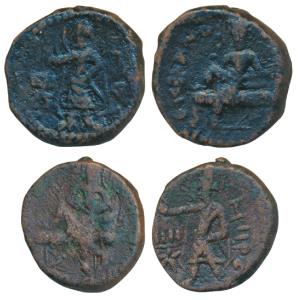 Kushanas, Huvishka, Copper Unit (2), 15.85g & 10.13g, obv. king nimbate reclining, his one