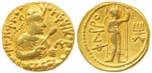 Kushanas, Huvishka, Gold Dinar, 7.83g, obv. crowned half-length bust of the king seated on