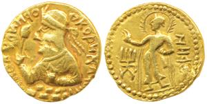 Kushanas, Huvishka, Gold Dinar, 7.7g, obv. crowned half-length bust of the king seated on 