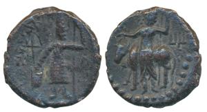 Kushanas, Vasudeva I, Copper Unit, 8.35g, obv. king nimbate standing left, holding a tride
