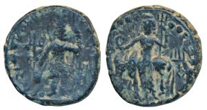 Kushanas, Vasudeva I, Copper Unit, 8.65g, obv. king nimbate standing left, holding a tride