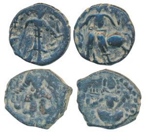 Kushanas, Vasudeva I, Copper Unit (2), 4.69g & 5.63g, obv. king nimbate standing left, hol