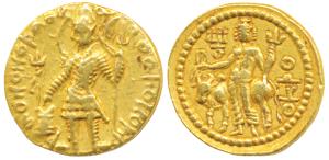 Kushanas, Vasudeva I, Gold Dinar, 7.95g, obv. king nimbate standing left, holding a triden