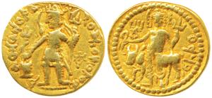 Kushanas, Vasudeva I, Gold Dinar, 7.84g, obv. king nimbate standing left, holding a triden