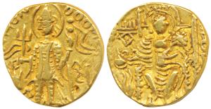 Later Kushanas, Vasudeva II (290-310 AD), Gold Dinar, 7.61g, obv. king standing left, hold