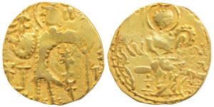 Kidara Kushanas, Gold Dinar, 7.89g, obv. king standing right with trident and banner, fire