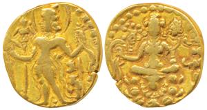 Guptas, Chandragupta II, Gold Dinar, 8.03g, ’Archer’ type, obv. king nimbate, standing lef