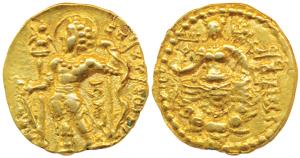 Guptas, Chandragupta II, Gold Dinar, 8g, ’Archer’ type, obv. king nimbate, standing left h