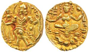 Guptas, Chandragupta II, Gold Dinar, 7.80g, ‘Archer’ type, obv. king nimbate, standing lef