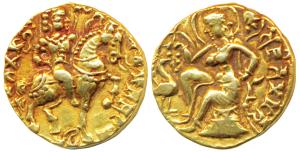 Guptas, Kumaragupta I, Gold Dinar, 7.46g, ’Horseman’ type, obv. king nimbate, riding a hor