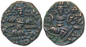 Kashmir, Dida Rani, Copper Drachma, 6.03g, obv. king standing slightly left, sacrificing o