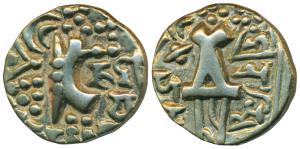 Karkotakas of Kashmir, Namavikhya, Base Gold Dinar, 8.07g, obv. seated goddess with legend