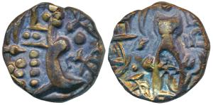 Karkotakas of Kashmir, Pratapaditya II, Debased Gold Dinar, 7.38g, obv. seated goddess wit
