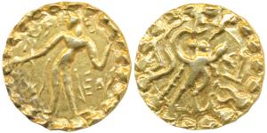 Bengal, Samatata region —base Gold Dinar of Jeevadharana Rata of Rata dynasty (c. 650-664 