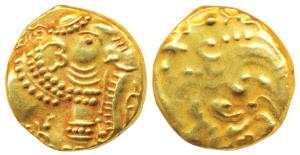 Western Gangas, Gold Gajapati Pagoda, 3.88g, obv. caparisoned elephant to right chewing su