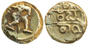 Vijayanagar Empire, Bukka Raya I (1344-1377 AD), Gold Pagoda, 3.34g, obv. warrior walking 