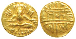 Vijayanagar Empire, Krishna Deva Raya, Gold ½ Pagoda, 1.67g, obv. seated Balakrishna flank