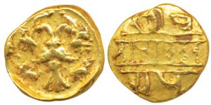 Vijayanagar Empire, Achyuta Deva Raya, Gold ½ Pagoda, 1.68g, obv. Gandabherunda (2-headed 