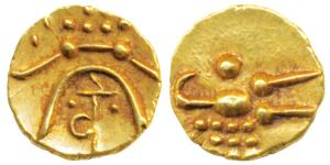 Tanjavore, Venkoji, Gold Fanam, 0.39g, ’Kali’ design with letter ’Ve’ on obv., stylized la