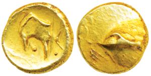Anonymous, Hudki Gold Pagoda, 3.39g, obv. a boat like uncertain symbol, rev. possibly the 
