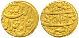 Akbar (AH 963-1014, 1556-1605 AD), Gold Mohur, 10.8g, Agra Mint, Ilahi type, Month Shahrew