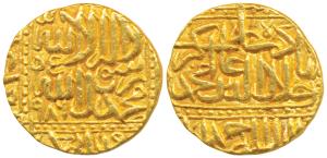 Akbar, Gold Mohur 10.90g, Dar-ul-Sultanate Ahmedabad Mint, AH 986, Kalima type, near compl