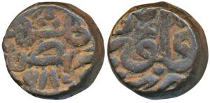 Akbar, Copper Dam, 20.54g, Bairata Mint, AH 980, Swastika on obv. below the mint name. Ver