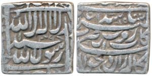 Akbar, Silver Square Rupee, 11.28g, Bangla Mint, ’Kabe Roshan’ couplet, Kalima type, (KM 8