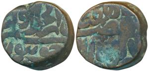 Akbar, Copper Dam, 20.10g, Dar ul-Khilafat Jaunpur Mint, mint name at bottom and epithet a