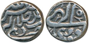 Akbar, Silver Rupee, 11.27g, Delhi Mint, Ilahi type, Month Farwadin, Year 50 (KM 93.8). Ve