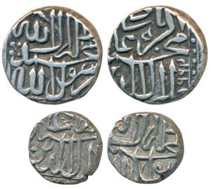 Akbar, Silver Mahmudi and ½ Mahmudi, 5.59g and 2.75g, Mulher Mint, Baglana issue, Kalima t