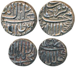 Akbar, Silver Mahmudi and ½ Mahmudi, 5.56g and 2.80g, Mulher Mint, AH 1025 on both coins, 