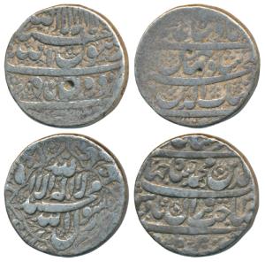 Shah Jahan, Silver Rupee (2), 11.39g & 11.14g, Burhanpur Mint, Kalima within leaf like qua