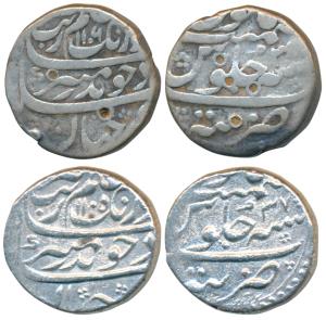 Aurangzeb, Silver Rupee (2), Tatta Mint, AH 1105/37 & 1106/3X (KM 300.87). About Very Fine