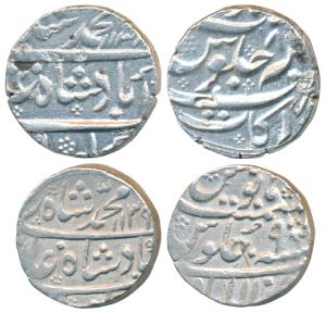 Muhammad Shah, Silver Rupee, 11.50g & 11.44g, Allahabad Mint, AH 1139/9; Arkat Mint, AH 11
