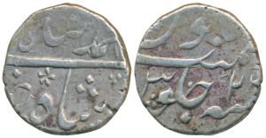 Muhammad Shah, Silver ¼ Rupee, 2.88g, mint name off flan but stylization that of Khujista 
