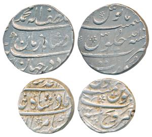 Muhammad Shah, Silver Rupee (2),11.48g & 11.46g, Sironj Mint, RY 4; Surat Mint, ’Ba Lutf-a