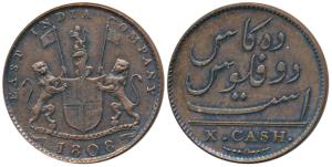 Copper 10 Cash, 4.65g, obv. coat of arms of the EIC and date 1808, rev. value in English (