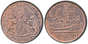 Copper 10 Cash, 4.69g, obv. coat of arms of the EIC and date 1808, rev. value in English (