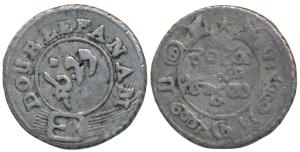 Silver Double or 2 Fanams, 1.82g, 2nd issue, 1808, oblique milling, buckled garter on obv.