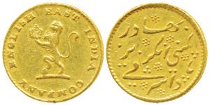 Gold ¼ Mohur (Ashrafi), 2.92g, obv. a lion holding a crown in its hand to left, rev. Persi