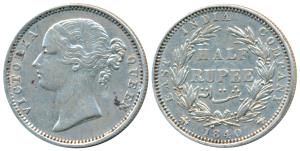 Victoria Queen, Silver ½ Rupee, 1840, Divided Legend, Madras Mint, S raised WW incuse, rev