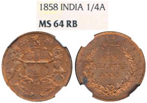 Copper ¼ Anna, 1858, Birmingham Mint, Wreath tips-single leaves, J. Watt and Co, (Prid 156
