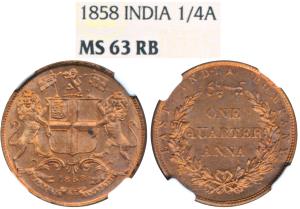 Copper ¼ Anna, 1858, Birmingham Mint, Wreath tips-single leaves, J. Watt and Co, (Prid 156