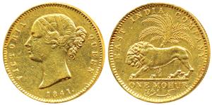 Victoria Queen, Gold Mohur, 11.66g, 1841, Divided legend, WW incused on truncation, cross 