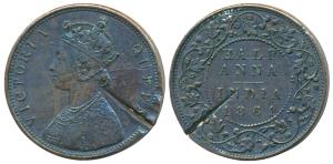 Victoria Queen, Original Copper Pattern ½ Anna, 1861, appears to be a business strike that