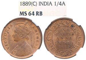 Victoria Empress, Copper ¼ Anna, 1889, Calcutta Mint (Prid 622). Graded by NGC MS64 RB.