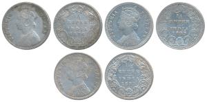 Queen Victoria and Empress, Silver ¼ Rupee (3), 1876 Calcutta Mint, A / I / No mint mark; 