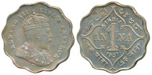 Edward VII, Cupro-Nickel Anna, 1907, Bombay Mint, B incuse, (Prid 926). About Extremely Fi