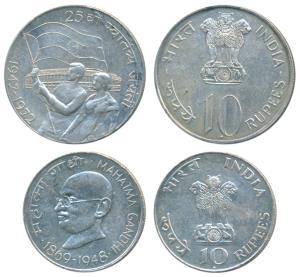 Silver Rupees 10 (2), 1969, Gandhiji Birth Centennial; 1972, 25th Anniversary Indian Indep
